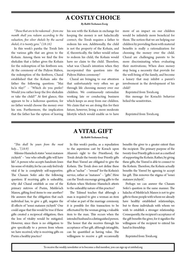 ZNT Newsletter Korach 57812