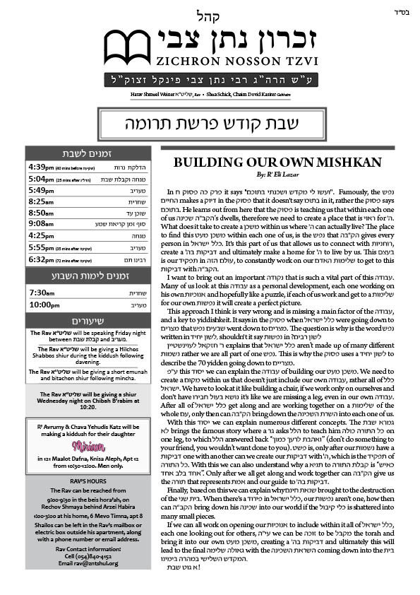ZNT Newsletter Parshas Terumah 5782