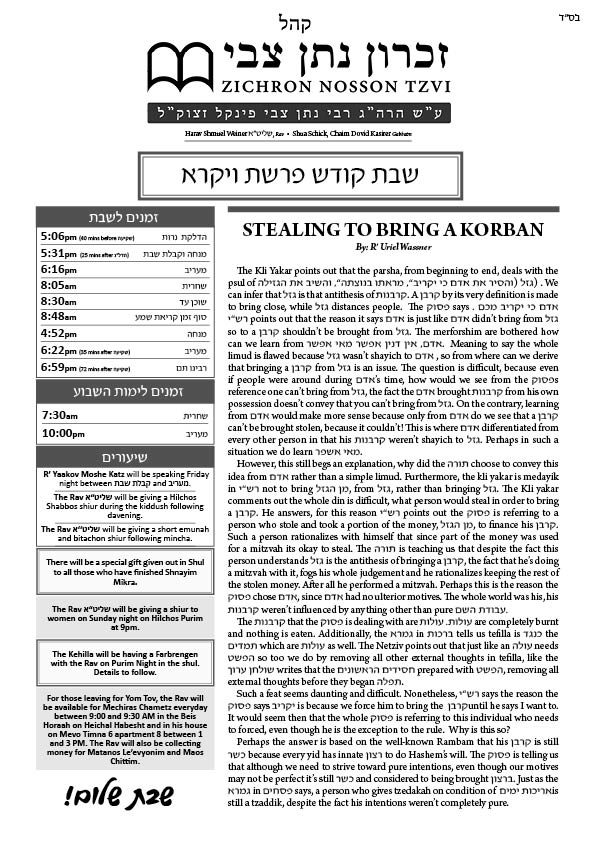 ZNT Newsletter Parshas Vayikra 5782